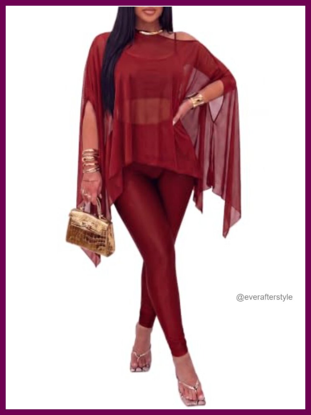 Women 2 Piece Mesh Batwing Sleeve Top & High Waist Pants Set Going Out